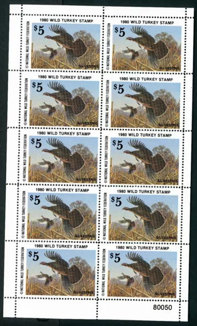 NATIONAL WILD TURKEY FEDERATION STAMP 1980 FULL SHEET OF 10 .Reg $25 single