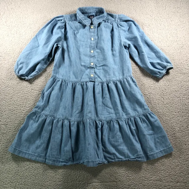 GAP Dress Womens Small Petite Blue Denim Pockets Button Ruffle Collar Chambray