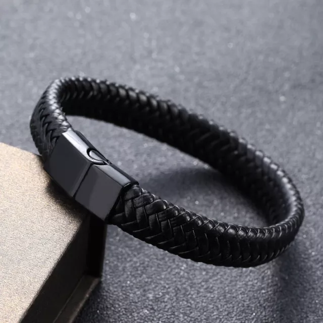 Black Men's Braided Leather Stainless Steel Cuff Bangle Bracelet Wristband