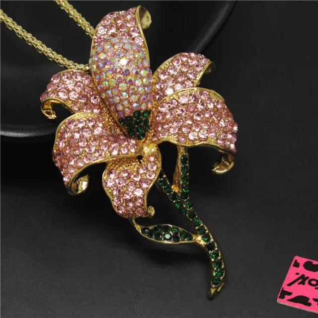 New Betsey Johnson Pink Bling Flower Rhinestone Crystal Pendant Chain Necklace 3