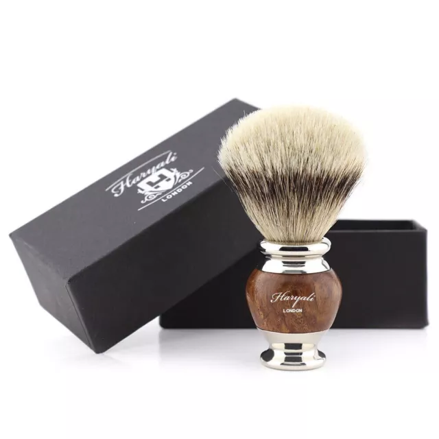 Men Shaving Brush Silver tip Hair With Wooden and Steel Handle By HARYALI LONDON