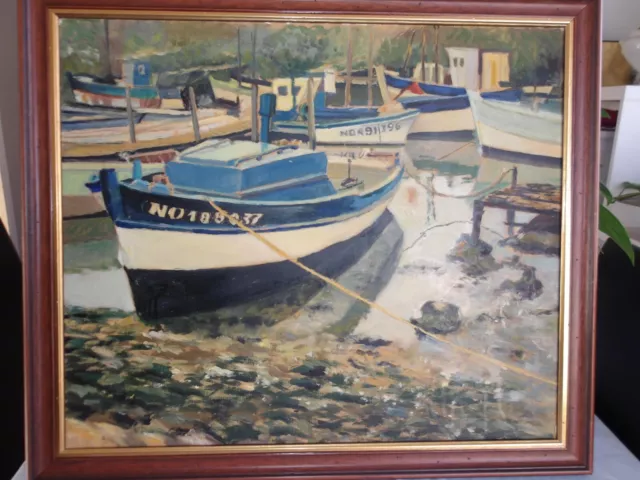 Ancienne Peinture hsp marine Port  bateaux de pêche Breton. 52X61 CM