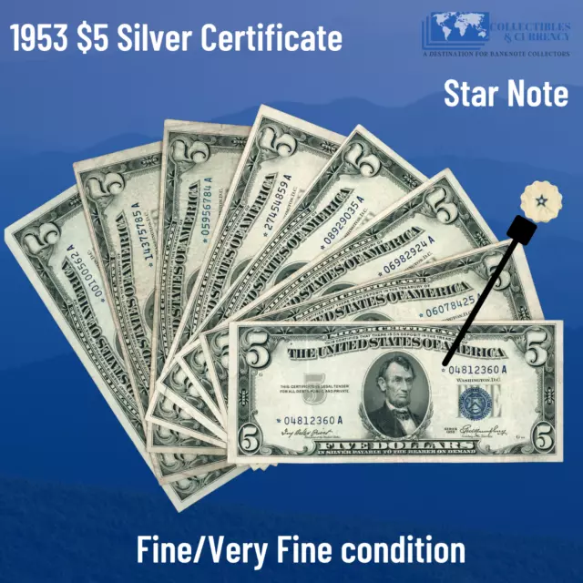 ✔ 1953 Blue Seal $5 Silver Certificate Rare Star Note, F/VF,Old Five Dollar Bill