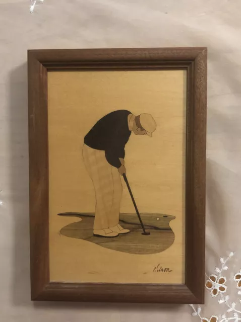 Wood Framed Hudson River Inlay Signed Nelson Golf Golfer Wall Art Marquetry