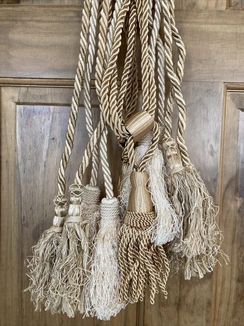 Lot Of 6 Drapery Tie Backs Braided Cord Tassels Shimmering Neutral Shades