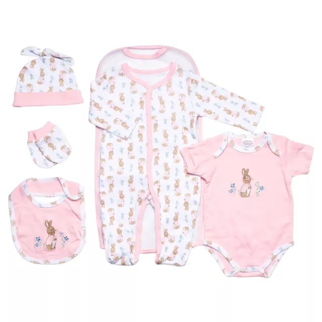 Girls Babygrow Gift Set Pink Bunny Design Sleepsuit Hat & Bib Baby Girl 0-6 M