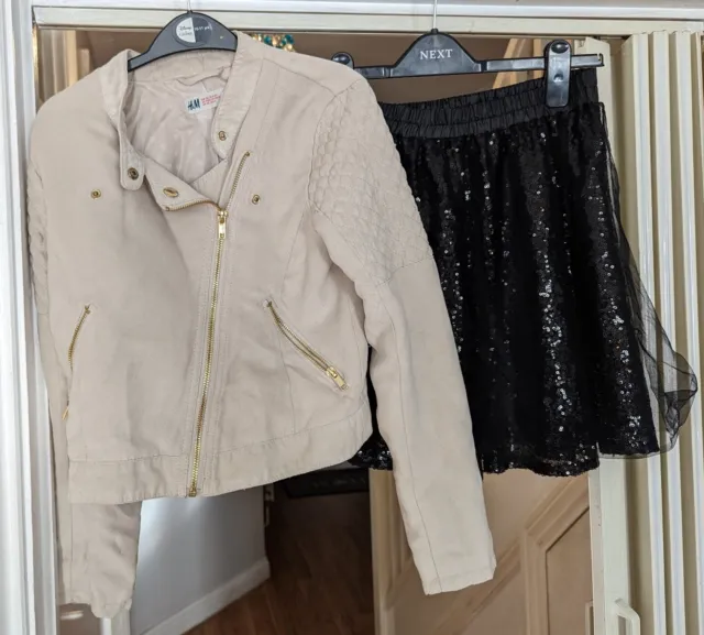Girls Smart Casual Clothes Bundle H&M Biker Jacket & Sequin Party Skirt 11-12yrs