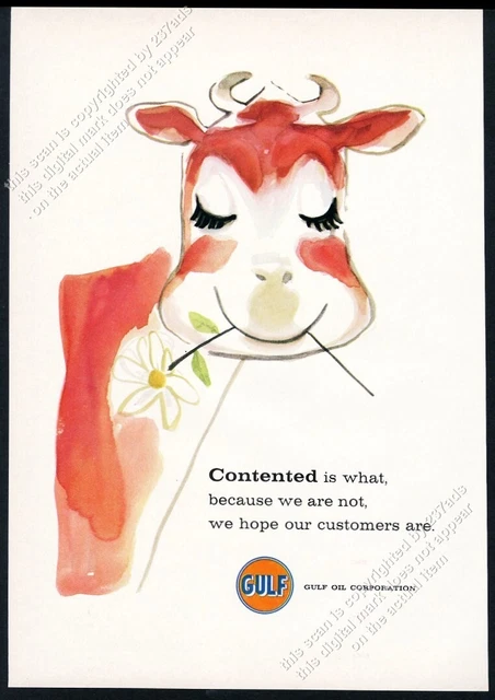 1959 happy cow with flower charming art Gulf Oil vintage print ad