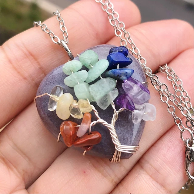 7 Chakra Indian Agate Stone Tree Of Life Heart Necklace Reiki Healing Amulet