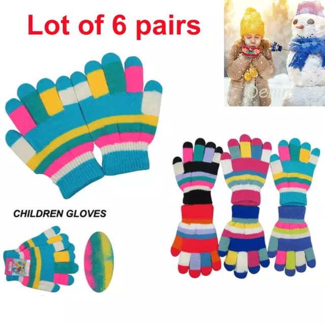 Lot of 6 Children Colorful Warm Winter Magic Gloves Full Finger Boy Girl Kids