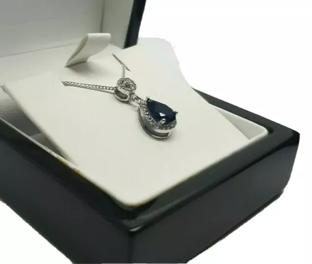 White gold finish blue sapphire and created diamond pearcut necklace gift boxed