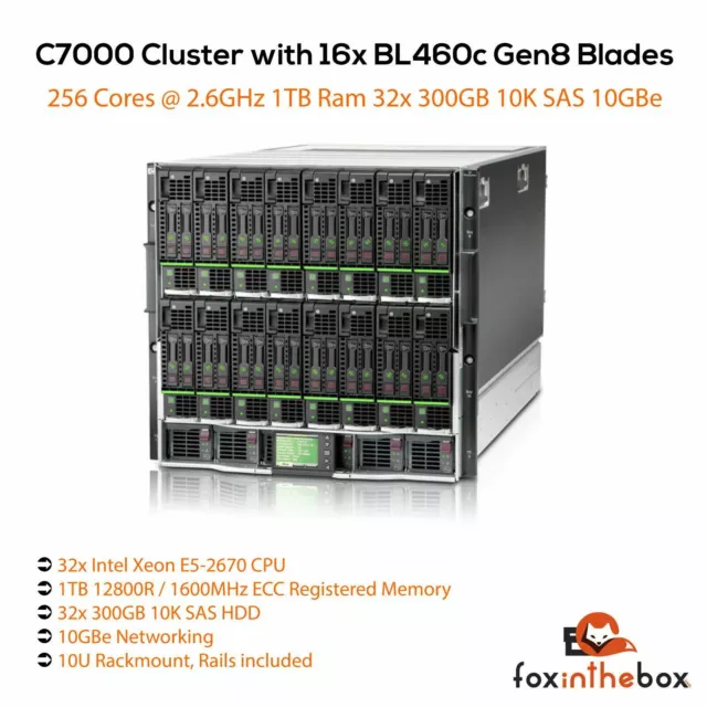 C7000 Cluster 16x BL460c Gen8 Blades 256 Cores 1TB Ram 32x 300GB 10K SAS 10GBe