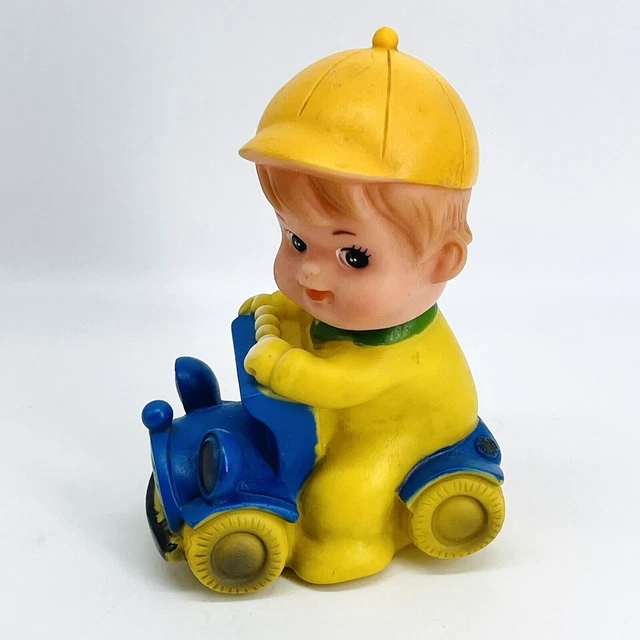VINTAGE MID-CENTURY TAIWAN Rubber Boy Riding Antique Car Squeak Toy $34