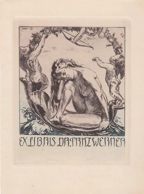 Exlibris Bookplate Radierung Carl Streller 1889-1967 Nu Féminin Enfants