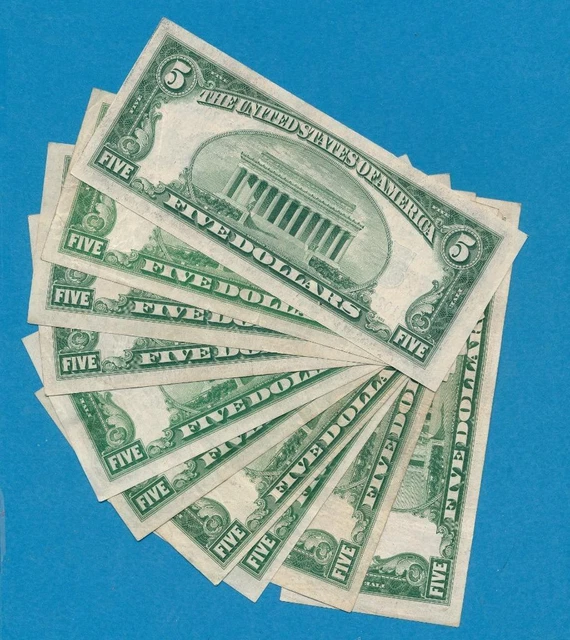 10-$5.00 1934 Mixed Series Blue Seal Silver Certificates Nice Vf+Xf Lot 3