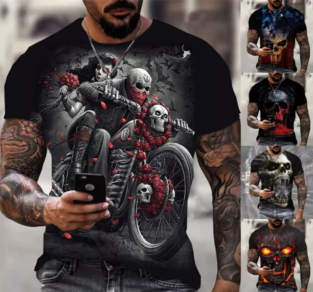 Mens T-Shirt Graphic Print Skull Biker Design Tee Top - Sizes XS-6XL