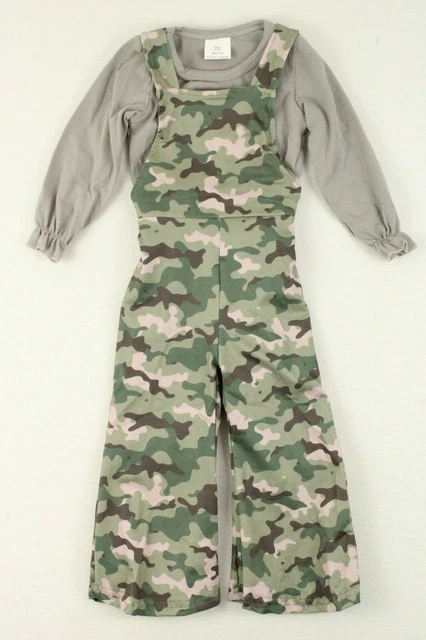 Kids Girls 2 Pc Set Sz 6-12M Long Sleeve Top & Camo Overall with Back Bow NWOT