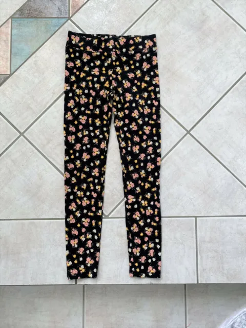 Size 8 Girls Leggings Stretch Long Pants Black w Pink White Yellow Flowers VGC