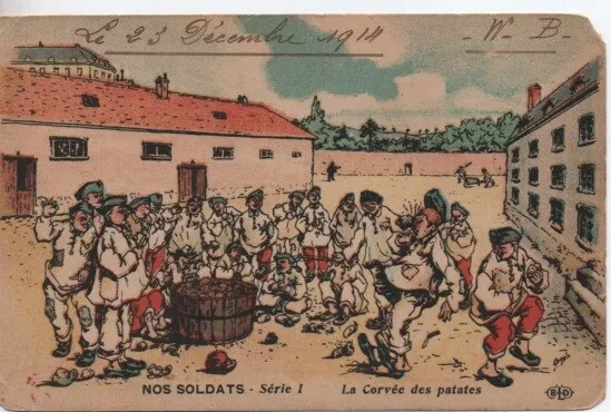 CPA  fantaisie - NOS SOLDATS, corvée de patates, Correspondance militaire 1914