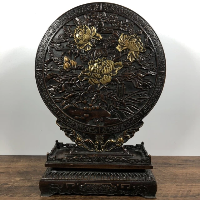 Chinese Exquisite Handmade Flowers Gilt Bronze Statue Screen