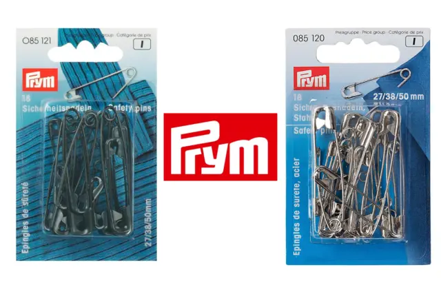 PRYM 18x Metal Safety Pins - Silver or Black - Sizes 27/38/50mm -Quilting Sewing