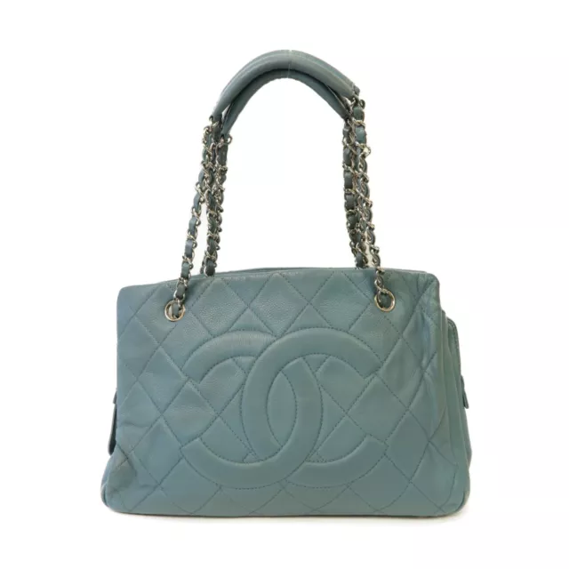 CHANEL Quilted CC SHW Chain Shoulder Tote Bag Caviar Leather Blue