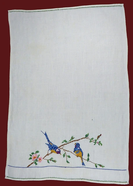 Vintage Hand Embroidered Tea Towel with Blue Birds on a Branch - 1930s Germany