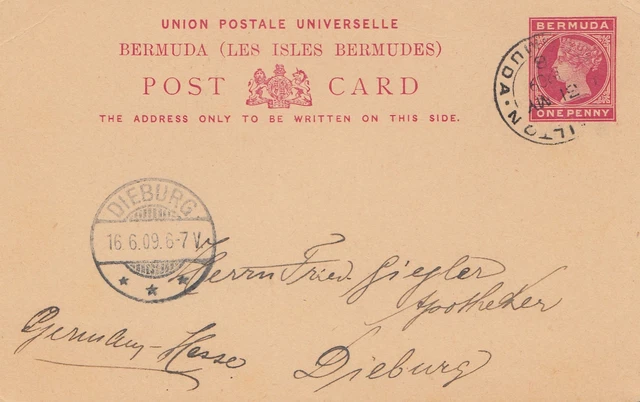 Bermuda: 1909: Post Porto Card To Dieburg