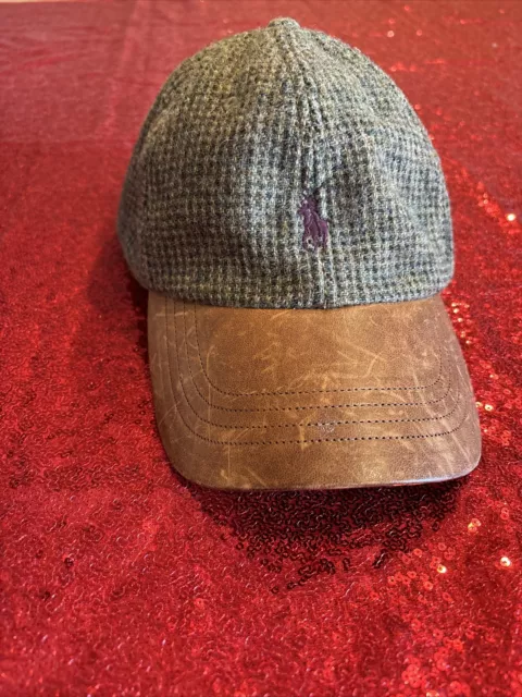 VINTAGE Polo Ralph Lauren 100% Wool Lambskin Hat Tweed Brown Leather Cap