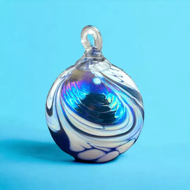 Textured Blue Colorful Hand Blown Art Ball Swirled Glass Decorative Ornament