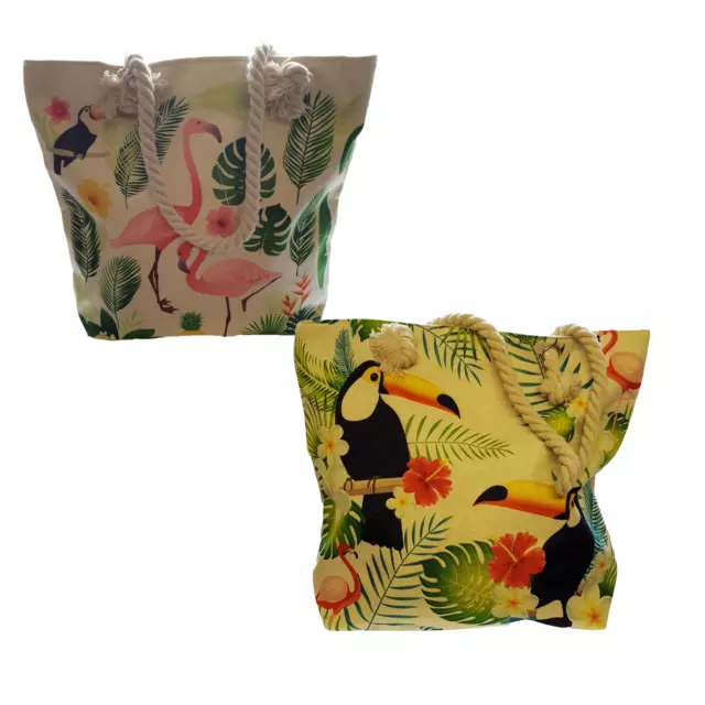 Large Beach Tote Bag, Toucan & Pink Flamingo Styles Rope Handle Zip Closure
