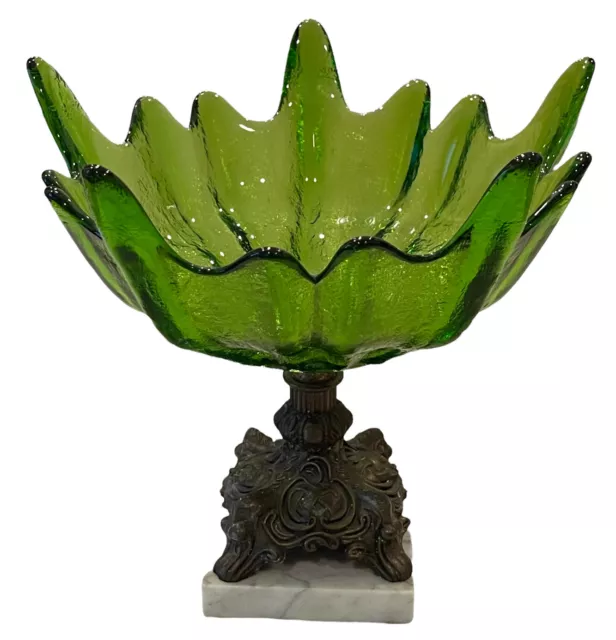 Vintage Mid Century Modern Art Glass Green Footed Compote Cast Brass Marble Base