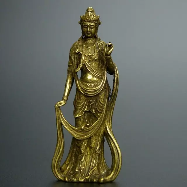 1.9" Chinese Old Handwork Bronze Guanyin Bodhisattva Pocket Statue Collection