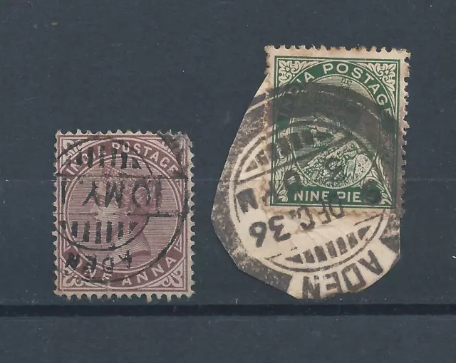 India Stamps Cancelled in ADEN 1anna Queen Victoria & 9pies King George V