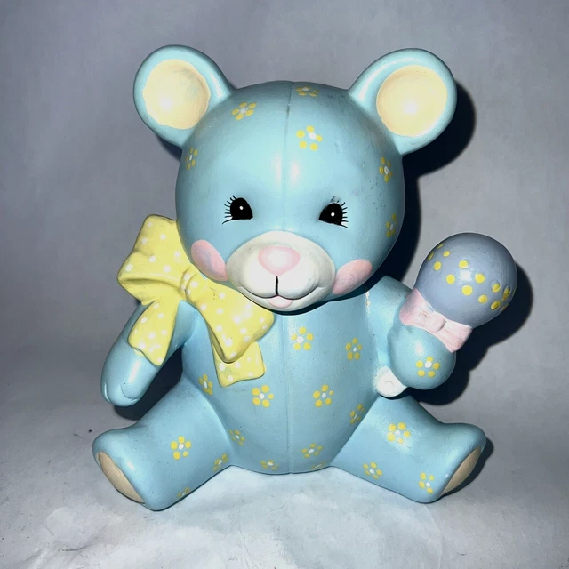 Teddy Bear Blue Coin Bank Blue Ceramic by Enesco Vintage I607