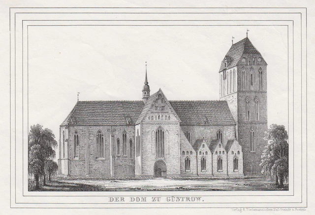 Güstrow Meckl. Dom Original Litografía Tiedemann 1845