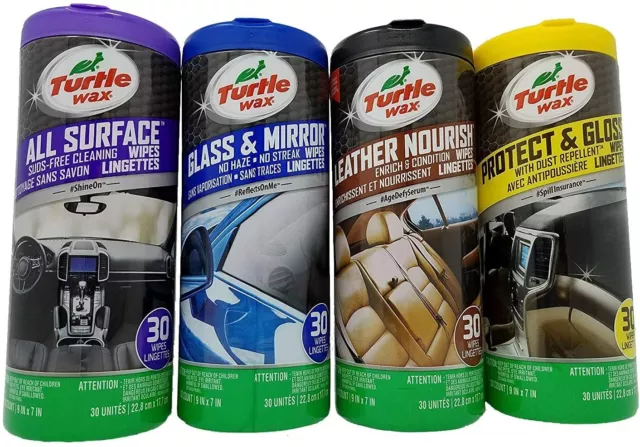 Turtle Wax Car Wipes 4 Pack 30 Wipes Each (Glass Interior Leather and Protect)