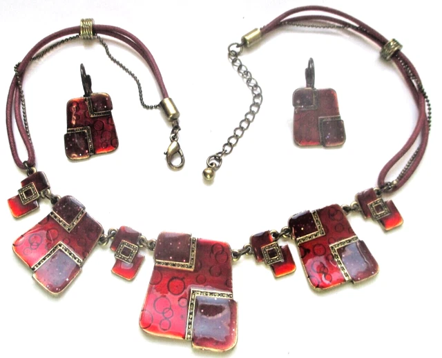 Parure De Bijoux Vintage IKITA - Collier Et Boucles D'oreilles En Bronze Doré Avec émaux Rouge - État Parfait