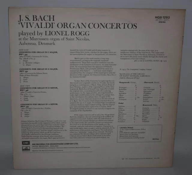 Bach, Vivaldi Organ Concertos - Lionel Rogg - 1973 Vinyl LP - HMV HQS 1293 - EX 3