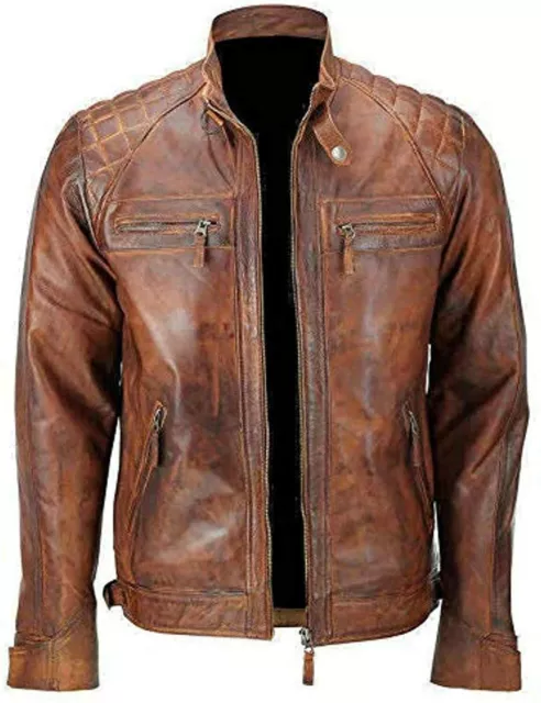 Men's NEW Real Genuine Sheepskin Leather Jacket Zip Pockets Quilted Classic Coat