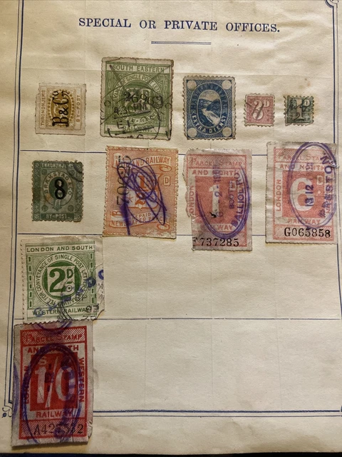 Briefmarkenalbum Seite der alten fiskalischen Aschenputtelbriefmarken hauptsächlich Eisenbahn + alte USA auf Rev