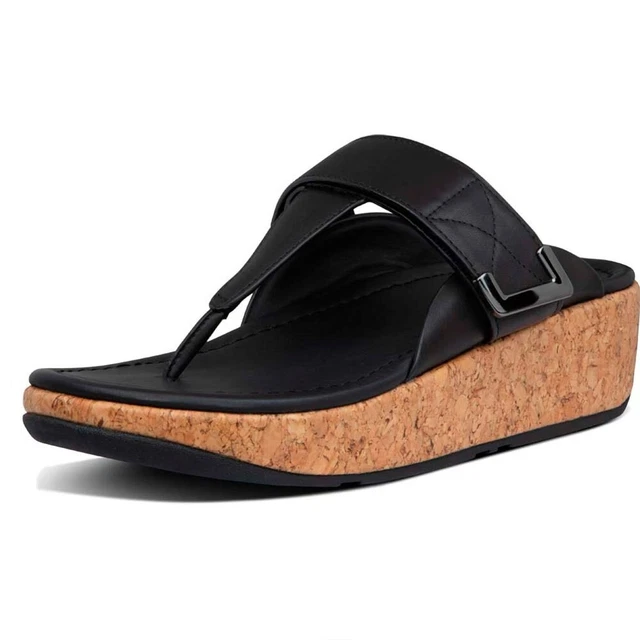 FitFlop Women's Remi Black Leather Cork Wedge Thong Flip-Flop Sandals - Size 7