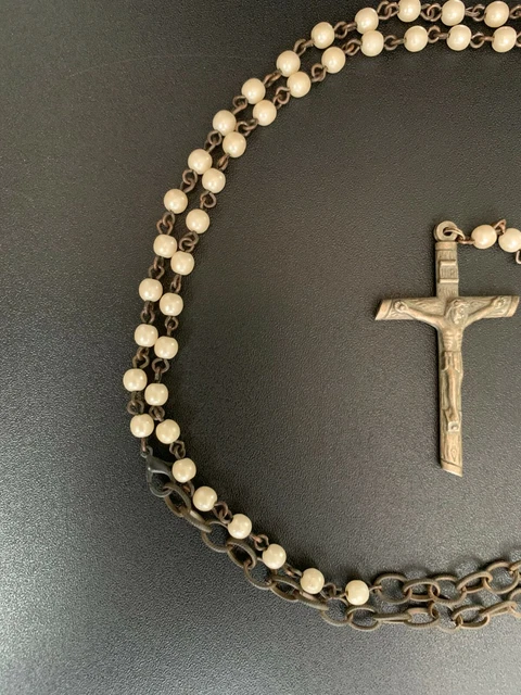 † Rosary Antique Italian Beads Crystal Pearl, Crucifix Silver Cross Charm 19th † 3