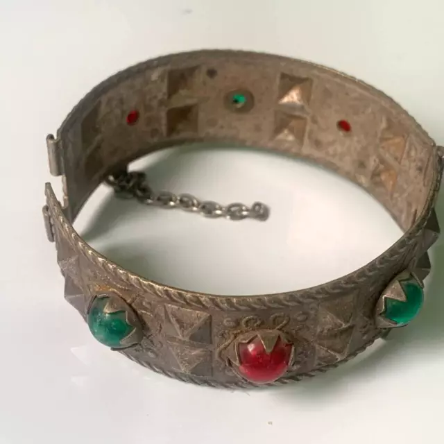 Rare Vintage Victorian Sterling Silver Bracelet Cuff Engraved Multicolor Stone