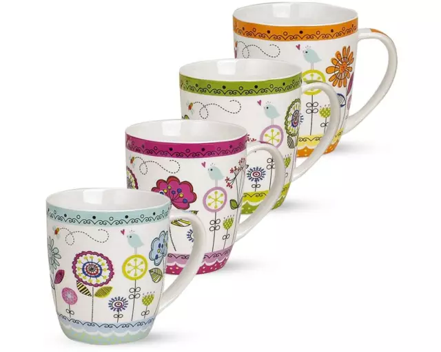 Tassen Becher Kaffeebecher bunte Blumen Porzellan 4er Set je 10 cm / 350 ml