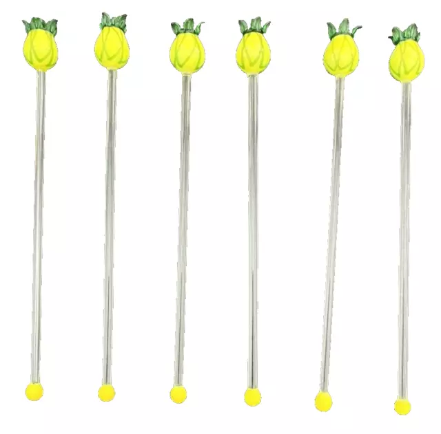 Set Of 6 Art Glass Pineapple Drink Stirrers Swizzle Sticks Yellow Tips 8"
