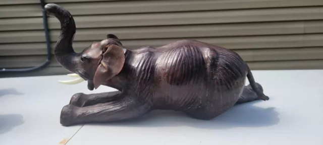 Vintage Brown Leather Wrapped Elephant Handcrafted With Paper Mache