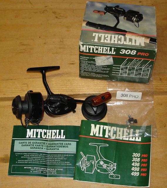 Ancien moulinet Mitchell 350 manivelle verte avec notice et boîte