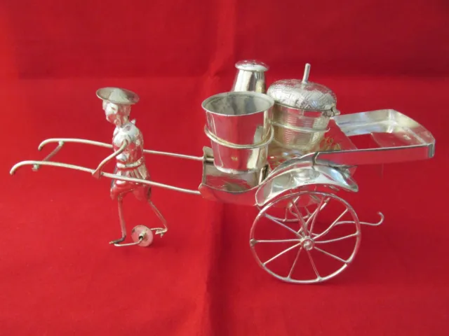 Vintage Silver Cruet Set Shape of Moveable Rickshaw and Driver Wheels Move