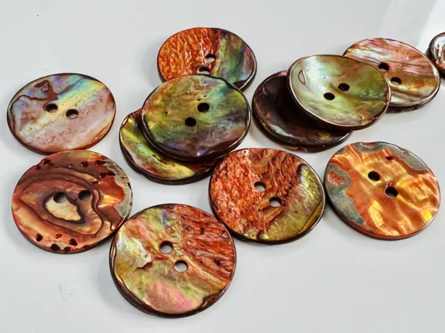 11 Vintage Abalone Knöpfe echte Schale Perlmutt gefärbtes Kupfer 22,5 mm 2 Loch
